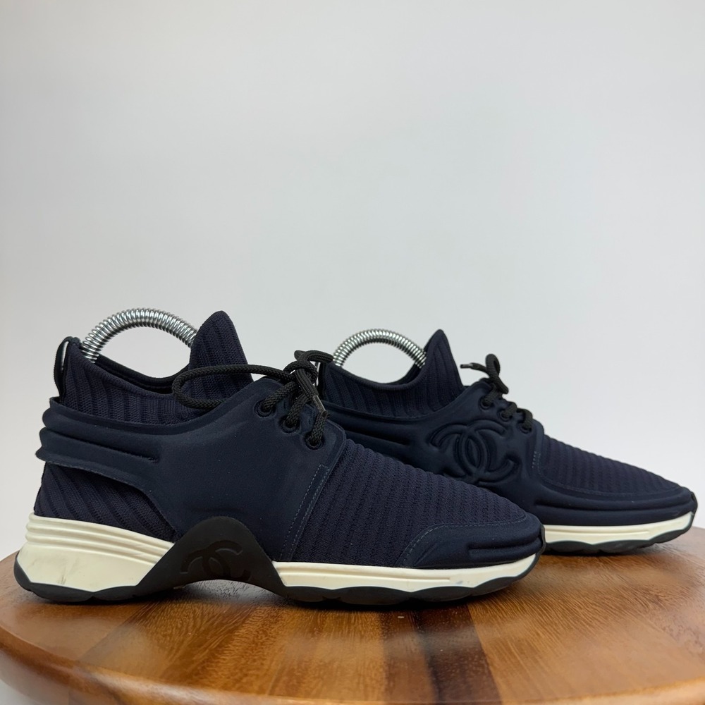 Womens Chanel Interlocking CC Logo Navy Blue Sock Sneakers Shoes Size 36 US 6 - Picture 1 of 8